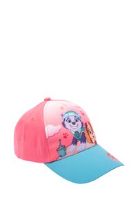 Cappello rosa e blu con personaggi dei cartoni animati sul davanti, dal design strutturato, texture morbida e accenti stampati colorati.