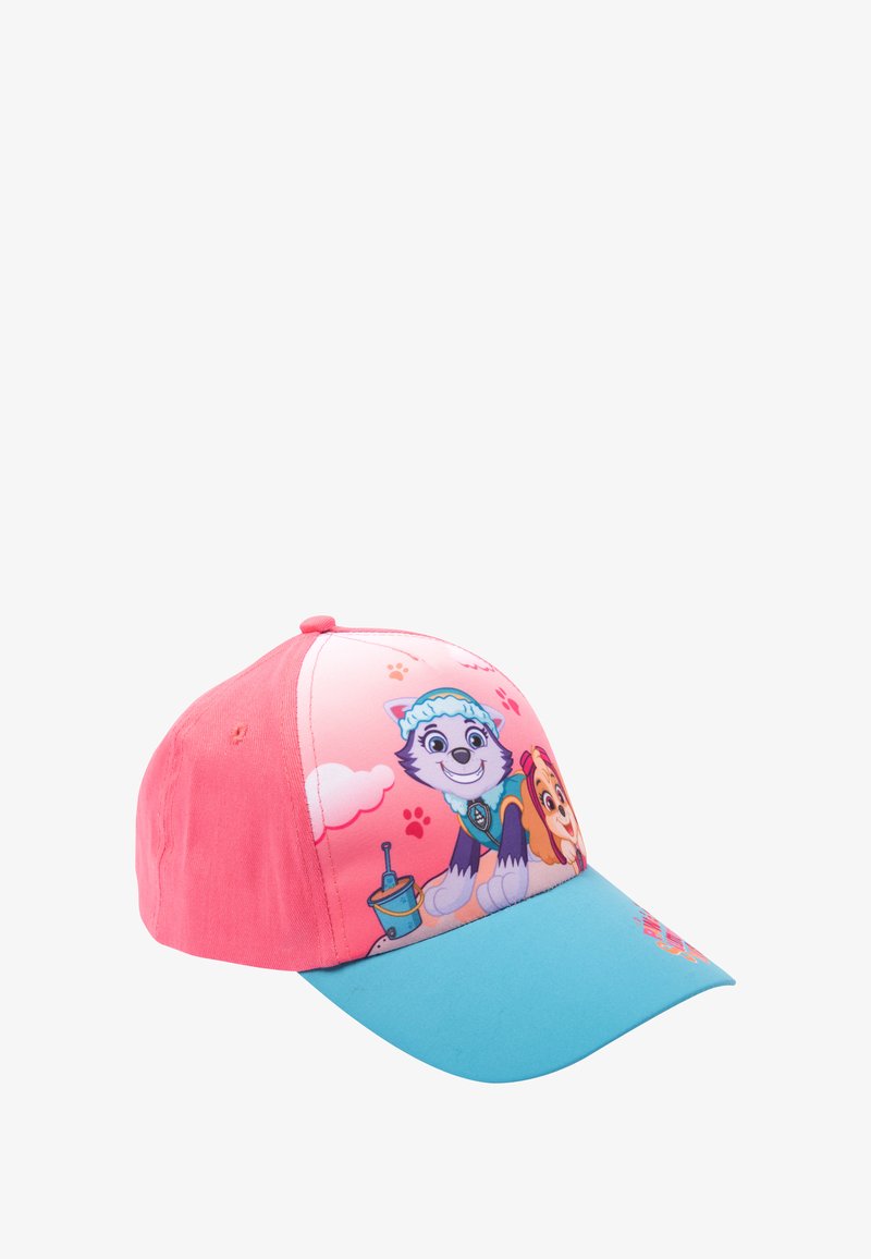 Cappello rosa e blu con personaggi dei cartoni animati sul davanti, dal design strutturato, texture morbida e accenti stampati colorati.