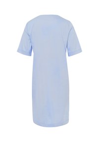 Helles, blaues Kleid mit kurzen Ärmeln und rundem Ausschnitt, aus glattem Material gefertigt. Das Design zeichnet sich durch eine einfache, gerade Silhouette aus.