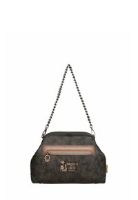 Schwarze Stoffhandtasche mit strukturierter Oberfläche, Kettenriemen und Reißverschlusstasche. Mit beigefarbenen Akzenten und einem Anhänger mit der Aufschrift "Imagination Has No Limits."