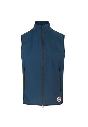 Gilet senza maniche di colore blu navy realizzato in un tessuto morbido e leggero. Presenta un colletto alto, una zip anteriore e due tasche laterali con zip.