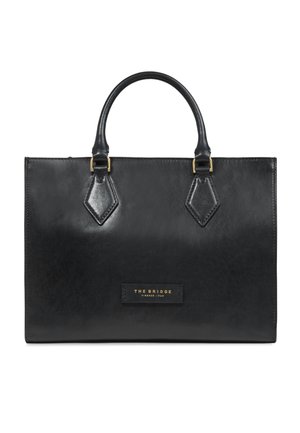 Borsa a mano rettangolare in pelle nera con due manici e scritta dorata "The Bridge Firenze 1969" al centro davanti.