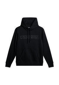 Mustahoodie musta pehmeast puuvillast, millel on ees kaaluka tasku, reguleeritav nööriga kapuuts ja tooni logo trükitud rinnale.