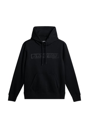 Svart hoodie i mjuk bomull, med en framfickan i kängurustil, justerbar dragsko i huvan och en tonad logotyp tryckt på bröstet.