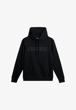 Svart hoodie i mjuk bomull, med en framfickan i kängurustil, justerbar dragsko i huvan och en tonad logotyp tryckt på bröstet.