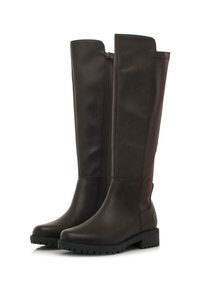 Botas marrones hasta la rodilla con un acabado de cuero suave y un panel texturizado. Cuentan con una cremallera lateral y una suela resistente para mayor tracción. Diseño clásico.
