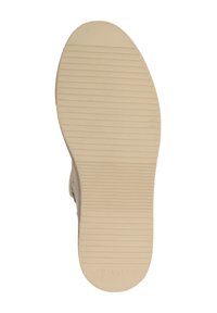 Sole of beige shoe with horizontal grooves for grip and "TRAVELIN'" and size "37" embossed near the heel.