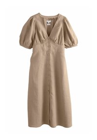 Robe en lin beige avec de courtes manches bouffantes, décolleté en V profond et fermeture à boutons sur le devant. Présente une subtile bordure en dentelle le long de l'encolure. Longueur mi-mollet.