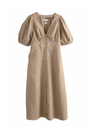 Beige linned kjole med korte puffærmer, dyb v-udskæring og knaplukning foran. Har diskret blondedetalje langs halsudskæringen. Længden når til midten af læggen.