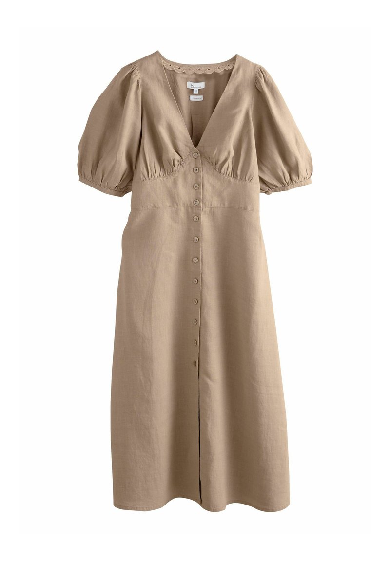 Robe en lin beige avec de courtes manches bouffantes, décolleté en V profond et fermeture à boutons sur le devant. Présente une subtile bordure en dentelle le long de l'encolure. Longueur mi-mollet.