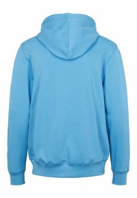 Světlomodrá mikina s kapucí na stažení, žebrovanými manžetami a lemem. Měkká látka, jednoduchý design bez viditelných log nebo vzorů.