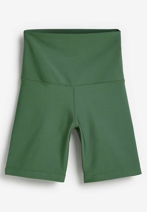 High-waist olive green bike shorts with flat seams and a smooth, stretchy fabric designed for athletic wear.
