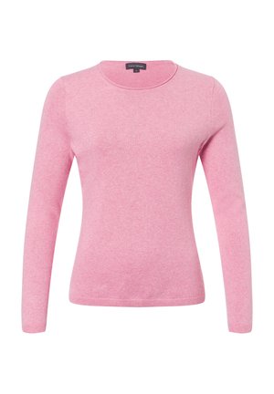 Langarm-Pullover mit Rundhalsausschnitt in zartem Pink, aus weichem Stoff mit feiner Rippstruktur und sauberen Kanten. Keine sichtbaren Muster oder Verzierungen.