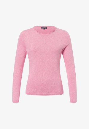 Lange mouwen, ronde hals trui in lichtroze, gemaakt van een zachte stof met een fijne ribbelstructuur en nette randen. Geen zichtbare patronen of versieringen.