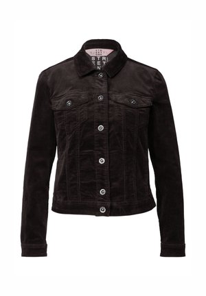 Black corduroy jacket with long sleeves, buttoned front, two buttoned chest pockets, and a collar.