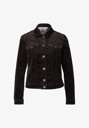 Black corduroy jacket with long sleeves, buttoned front, two buttoned chest pockets, and a collar.