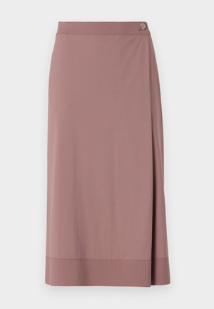 Light pink knee-length skirt in smooth fabric with a side button detail. Features a wrap design and a straight hem with a subtle finish.
