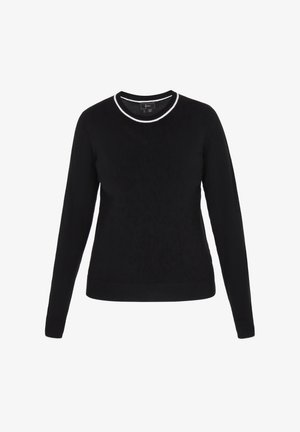 Black long-sleeve sweater made of soft fabric, featuring a round neckline with a contrasting white ribbed edge and a fitted silhouette.