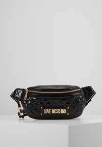 Schwarze, gesteppte Kunstledertasche mit einem goldenen Reißverschluss, ausgestattet mit einem Logo-Schild und verstellbarem Schultergurt. Kompakte ovale Form mit strukturiertem Design.