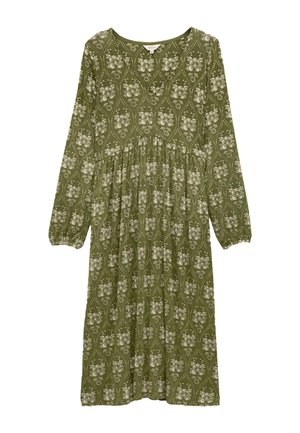Long-sleeve, olive green dress with floral patterns. Features a round neckline, tiered skirt, and elasticized cuffs. Made from lightweight fabric.