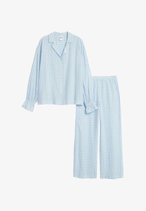 Hellblau-weiß kariertes, langärmliges Hemd-Pyjamaoberteil mit passenden, gerade geschnittenen Hosen mit elastischem Bund.