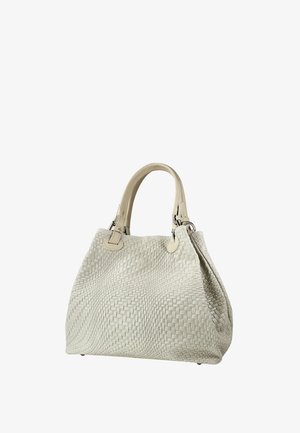 Sac à main à texture tissée de couleur gris clair, avec une forme arrondie, deux poignées supérieures, et des accents en cuir. Surface lisse sans quincaillerie visible.