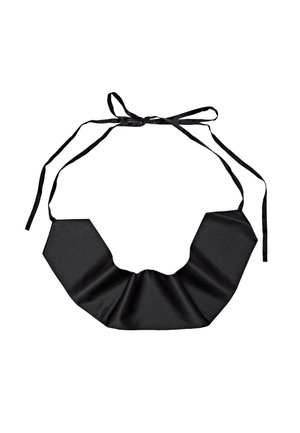 Black satin collar with a structured design, featuring an angular shape and adjustable tie straps. Smooth texture with a glossy finish.