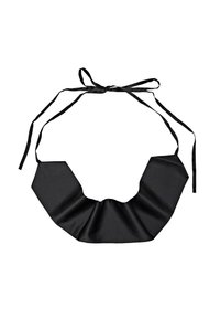 Black satin collar with a structured design, featuring an angular shape and adjustable tie straps. Smooth texture with a glossy finish.