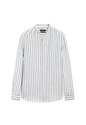 Striped long-sleeve shirt in light gray and white, features a mandarin collar, button front, and contrasting striped cuffs. Made of lightweight fabric.
