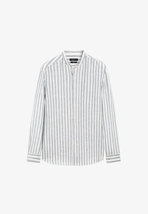 Gestreiftes Langarmshirt in Hellgrau und Weiß, mit Stehkragen, Knopfleiste und kontrastierenden gestreiften Ärmelbündchen. Hergestellt aus leichtem Stoff.