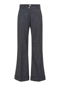 Pantalons à large jambe en denim foncé avec des rayures blanches verticales, dotés d'une fermeture à boutons, de passants de ceinture et de poches repliées.