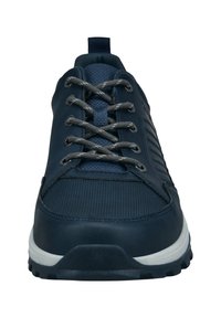 Blue athletic shoe with a smooth synthetic upper, textured toe, grey laces, and a white midsole. Features a durable rubber outsole.