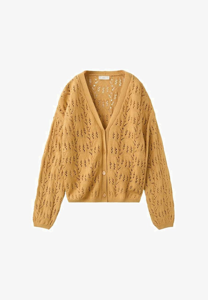 Cardigan en maille jaune moutarde à manches longues, col en V, fermeture à boutons, avec un motif en dentelle ajourée sur toute la surface.