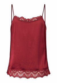 Punane satiinist kamisol õhukeste rihmadega, ääristatud lainelise pitsikaunistusega alumises servas, mille pind on sile ja disain on lihtne ning graatsiline.