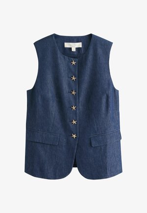 Tumesinine linane vest ilma varrukateta, tähekujuliste nuppudega ees ning kahe klapiga taskuga vöökoha juures.