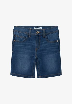 Denim kratke hlače v temno modri barvi s klasičnim krojem, ki vključujejo sprednje in zadnje žepke, zanka za gumbe, ter oranžne nitke.