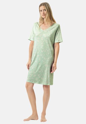 Grünes Kleid mit V-Ausschnitt und kurzen Ärmeln, das ein Blumenmuster in Rosa und Weiß aufweist. Hergestellt aus weichem, leichtem Stoff.