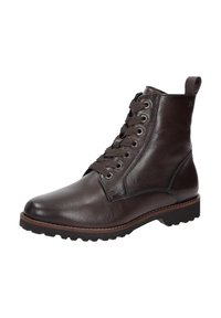 Bottines en cuir marron avec une finition lisse, bout rond, col rembourré et lacets sur le devant. Semelle en caoutchouc crantée pour plus d'adhérence.