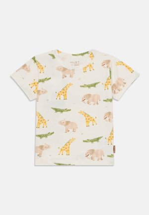 Kremowa koszulka z krótkim rękawem dla malucha z nadrukiem żółtych żyraf, różowych słoni i zielonych krokodyli.