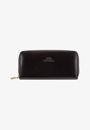 Portefeuille en cuir noir avec une texture lisse, fermeture éclair et logo embossé. Forme rectangulaire avec des lignes épurées et un accent en matériel doré.