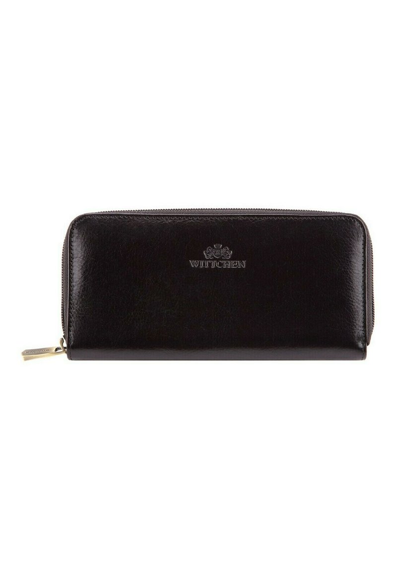 Portefeuille en cuir noir avec une texture lisse, fermeture éclair et logo embossé. Forme rectangulaire avec des lignes épurées et un accent en matériel doré.