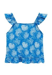 Blå ärmlös topp med volangaxlar, med ett vitt palmlövs mönster och en fransad nederkant. Tillverkad av lättviktigt tyg.