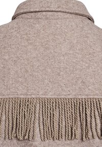 Brown felt jacket featuring a fringed hem made of twisted beige fibers. Smooth texture with a collar and simple, clean lines.