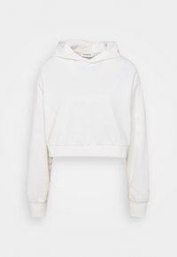 Bílá crop mikina z měkké látky, s kapucí na stažení, dlouhými rukávy a žebrovanými manžetami pro pohodlné nošení.