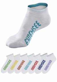 Weiße Knöchelsocken mit farbigen Akzenten. Enthält den Text "Ehimesee" in Aqua, Rot, Grün, Gelb, Lavendel und Blau. Weiches Material, angenehmer Sitz.