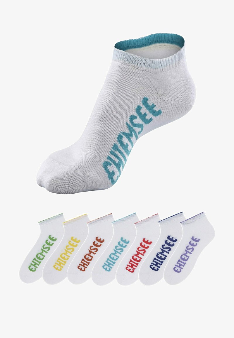 Weiße Knöchelsocken mit farbigen Akzenten. Enthält den Text "Ehimesee" in Aqua, Rot, Grün, Gelb, Lavendel und Blau. Weiches Material, angenehmer Sitz.