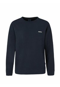 Felpa blu navy realizzata in tessuto morbido, con scollatura a girocollo, maniche lunghe e un piccolo logo bianco sul petto.
