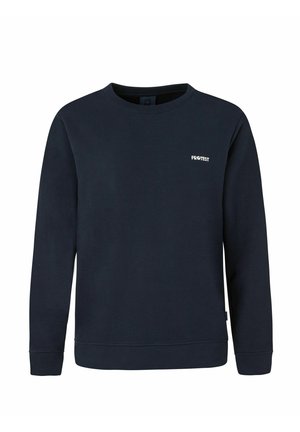 Marineblauwe sweatshirt gemaakt van zachte stof, met een ronde hals, lange mouwen en een klein wit logo op de borst.