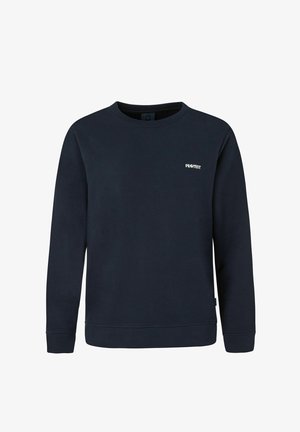 Marineblaue Sweatshirt aus weichem Stoff, mit Rundhalsausschnitt, langen Ärmeln und einem kleinen weißen Logo auf der Brust.