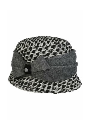 Black and white woven bucket hat with a thick gray felt band and bow accent featuring a small round metal button.